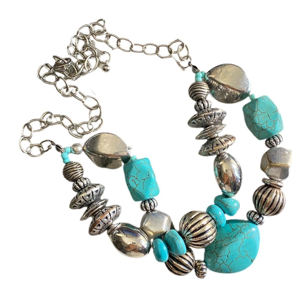 Silver and faux turquoise stone double strand necklace